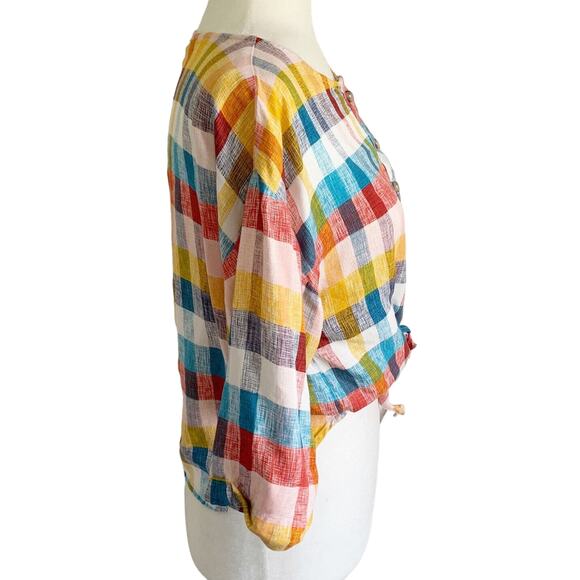 Lucky Brand Multicolor Plaid Crop Top — Women’s L, Button-Front Tie-Front Blouse - Picture 5 of 7